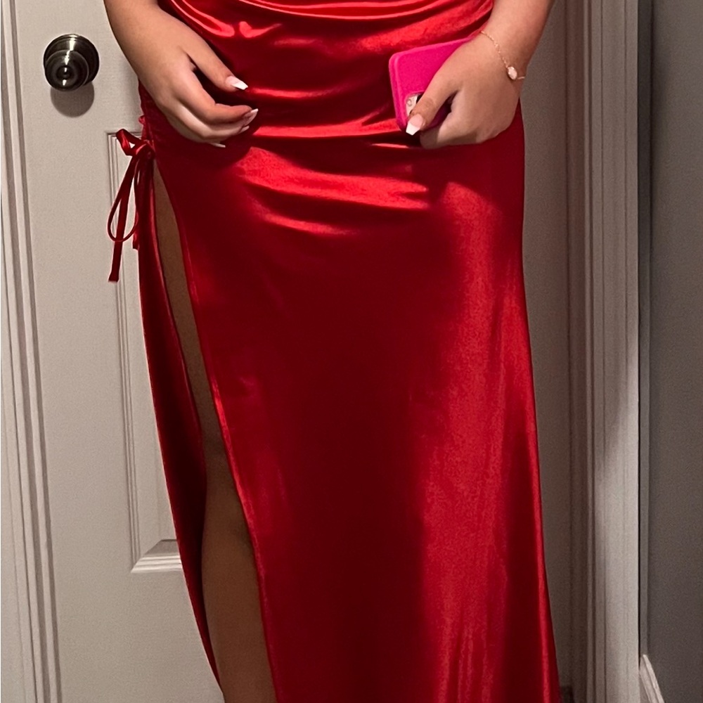 Elegant Red Satin Dress with Side Slit